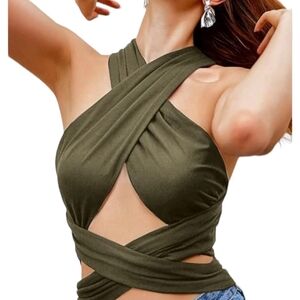 Wrap versatile criss cross halter crop‎ top olive green one size
